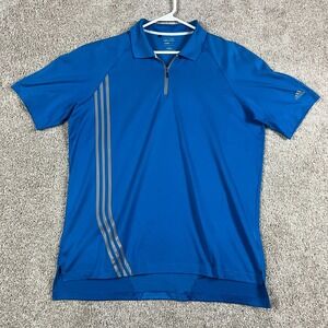 Adidas Polo Mens L Blue ClimaCool Zipper Wicking Short Sleeve 3 Stripe Golf‎